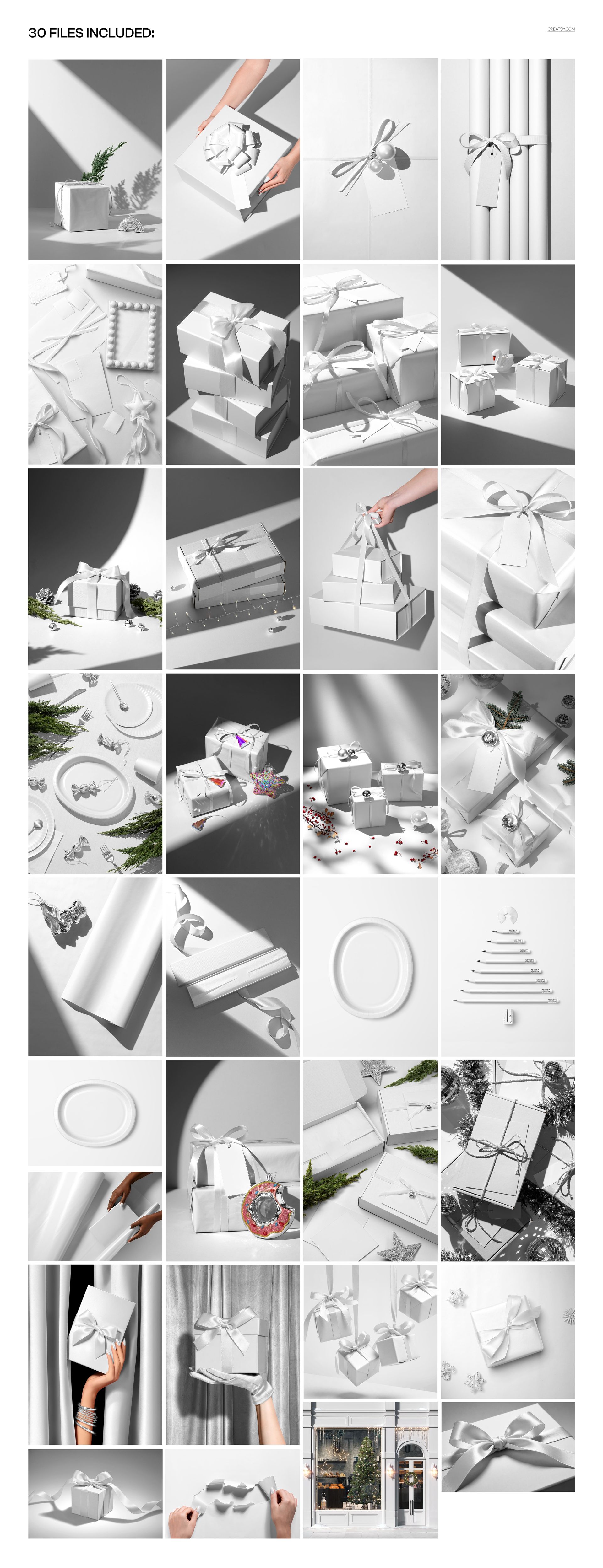 Collage of Christmas-themed mockups showing wrapped gift boxes, ornaments, ribbons, and festive decor in neutral colors.