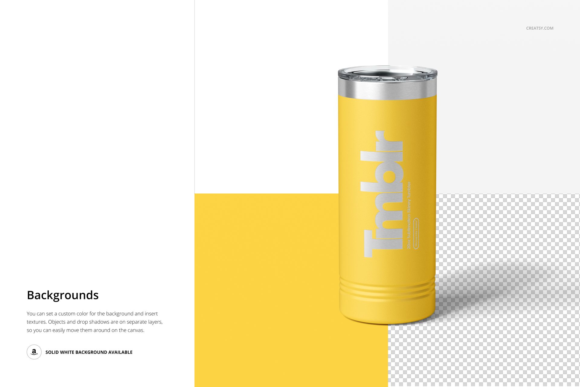 Front view of a 22oz skinny tumbler mockup in bright yellow, featuring a silver lid and modern background design.