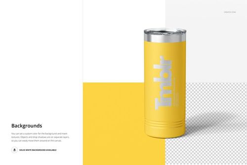 Front view of a 22oz skinny tumbler mockup in bright yellow, featuring a silver lid and modern background design.