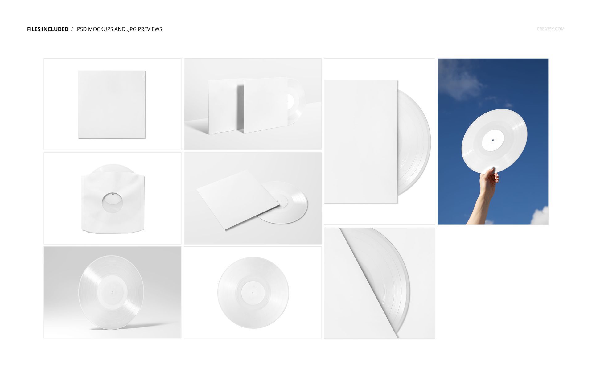 Colored vinyl record mockup set featuring clear records, sleeves, and album covers shown from various angles.