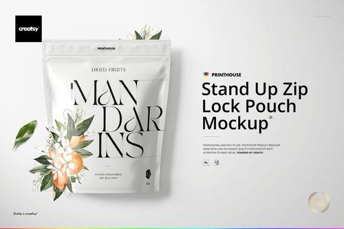 Front view of a stand up zip lock pouch mockup with botanical artwork and mandarin fruit illustration on a white background.