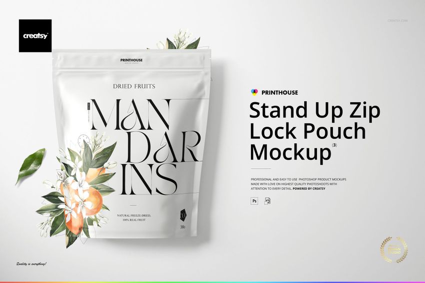 Front view of a stand up zip lock pouch mockup with botanical artwork and mandarin fruit illustration on a white background.