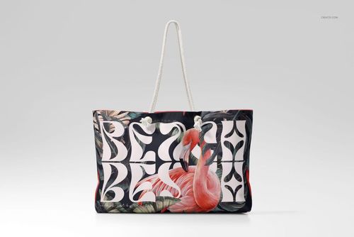 Spun polyester weekender bag mockup with bold BEACH lettering, flamingo artwork, and botanical accents, front view.