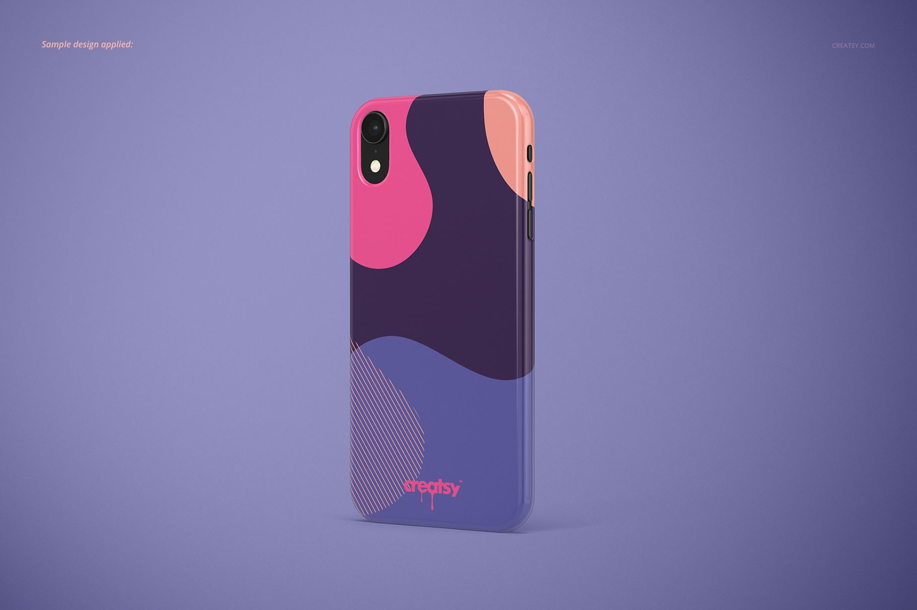 Glossy iPhone XR snap case mockup with abstract color blocks in pink, peach, and purple, shown at an angle on a solid lavender background.