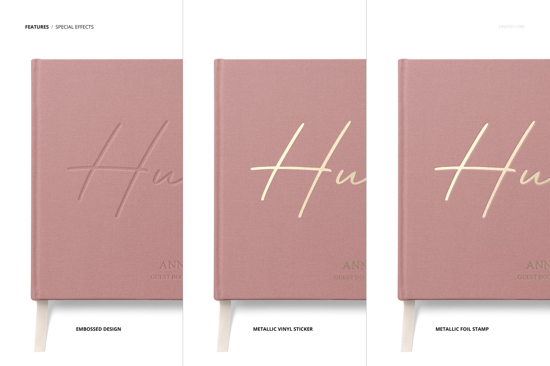 PSD mockup featuring three wedding guest books in soft pink, highlighting embossed, vinyl sticker, and foil stamp effects.