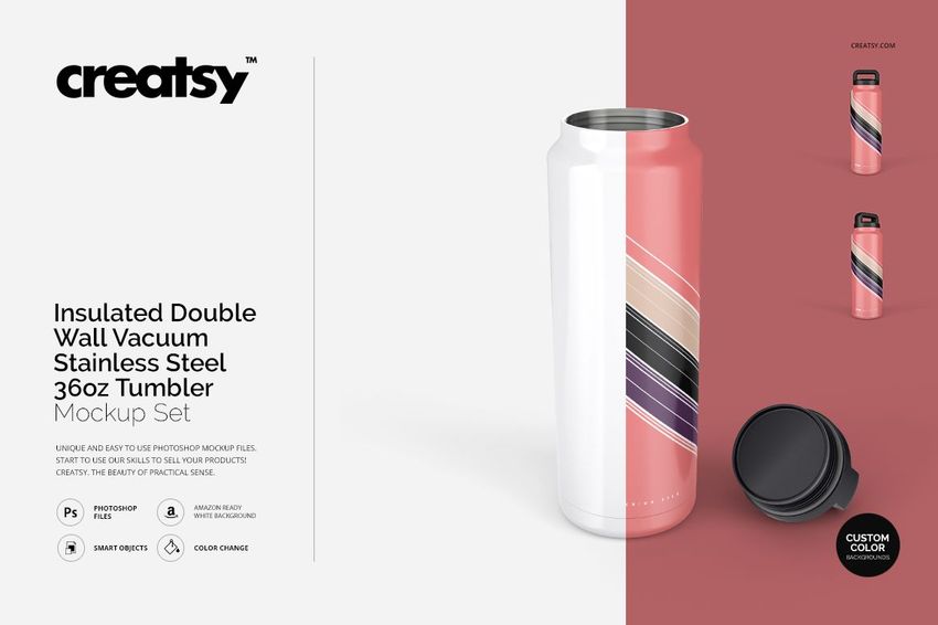 Insulated double wall vacuum stainless steel tumbler mockup in pink and white, shown with a removable black lid.