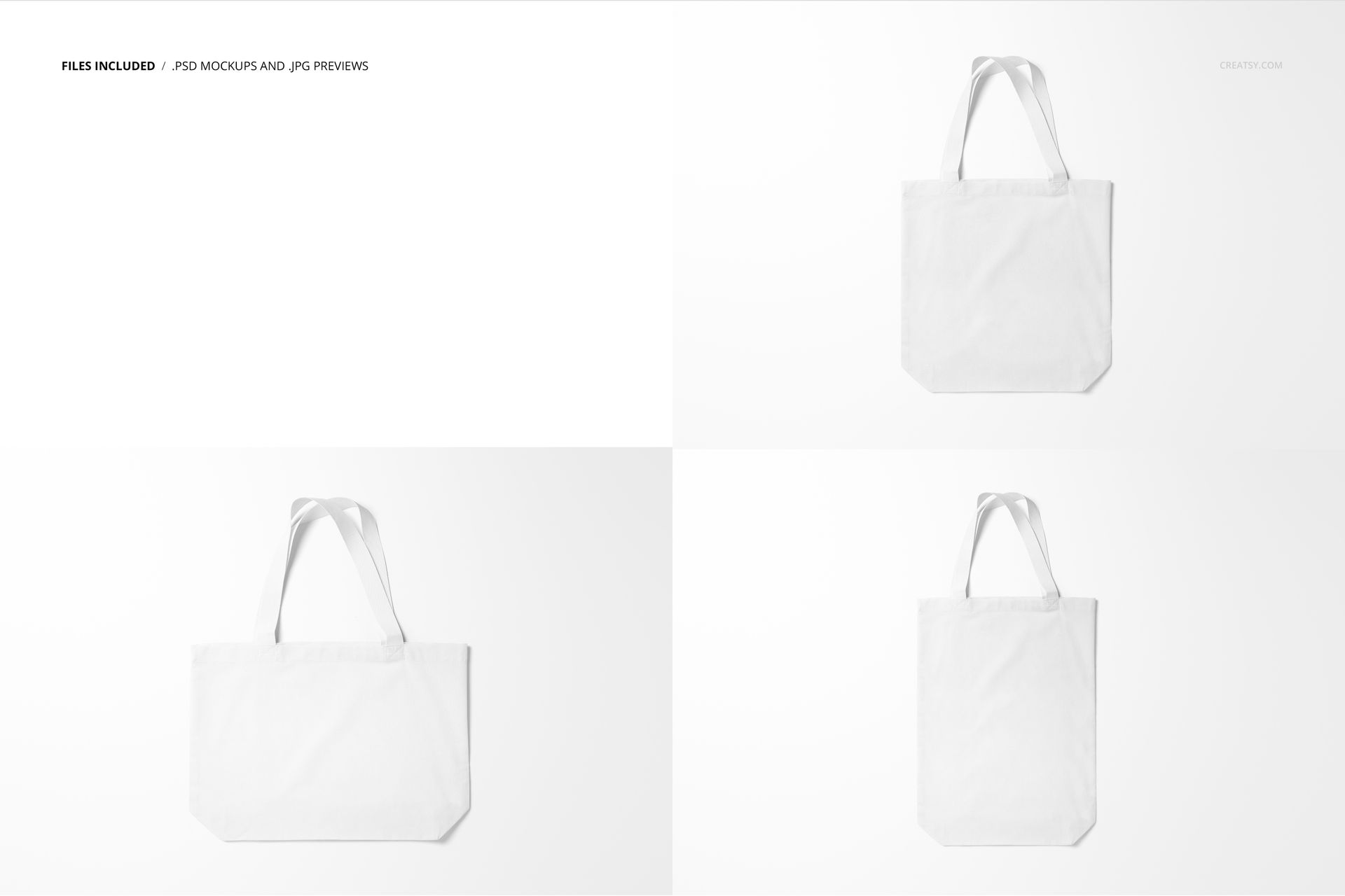 Shopper canvas bags shown in a PSD mockup set, featuring front, angled, and side views on a minimal white backdrop.