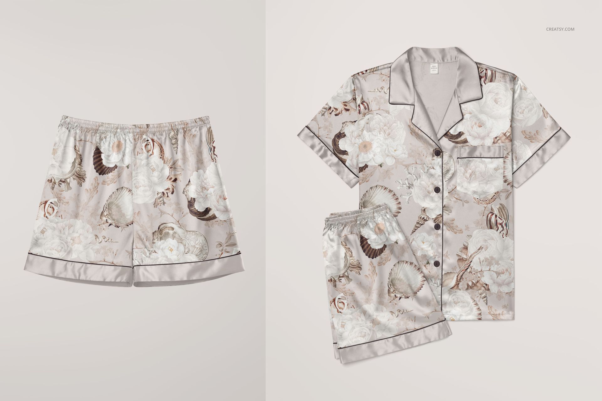 Silk short-sleeve pyjama set mockup featuring a floral pattern in beige and white, displayed on a plain background.