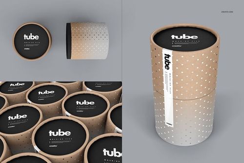 Cylindrical paper tube packaging mockup with a black lid and dotted gradient pattern, shown in multiple perspectives.