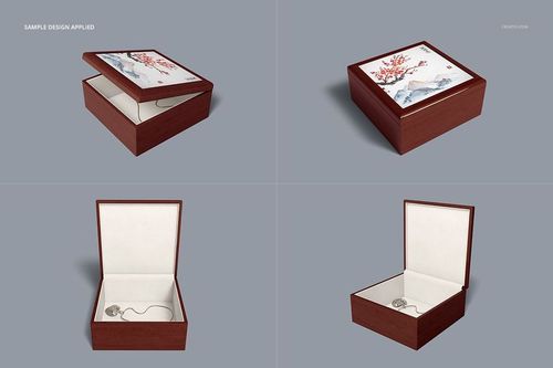 Sublimation ceramic tiled wood jewelry box mockup set showing closed and open boxes with a decorative lid pattern.