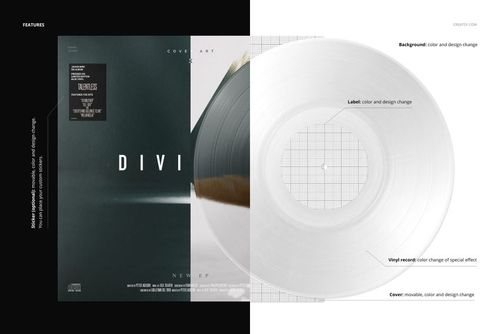 Front view of a split-effect vinyl record and cover mockup showing a transparent record beside a dark cover with minimalist text.