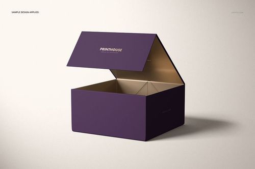 PSD mockup of a rectangular magnetic gift box with open lid, purple outside and metallic gold inside on a neutral background.