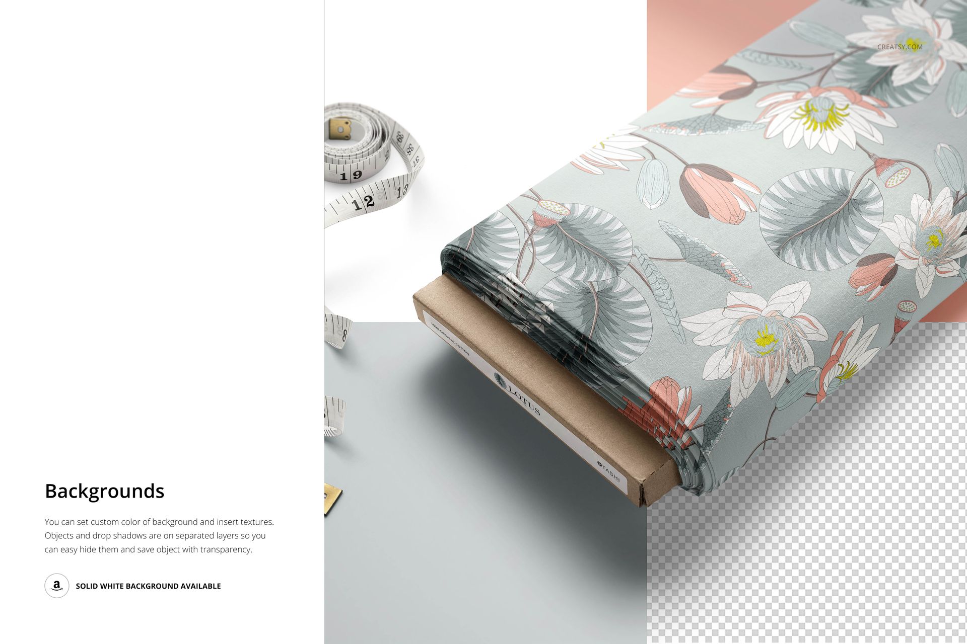 PSD mockup of a fabric bolt displaying a botanical design with lotus flowers and leaves, with measuring tape nearby.