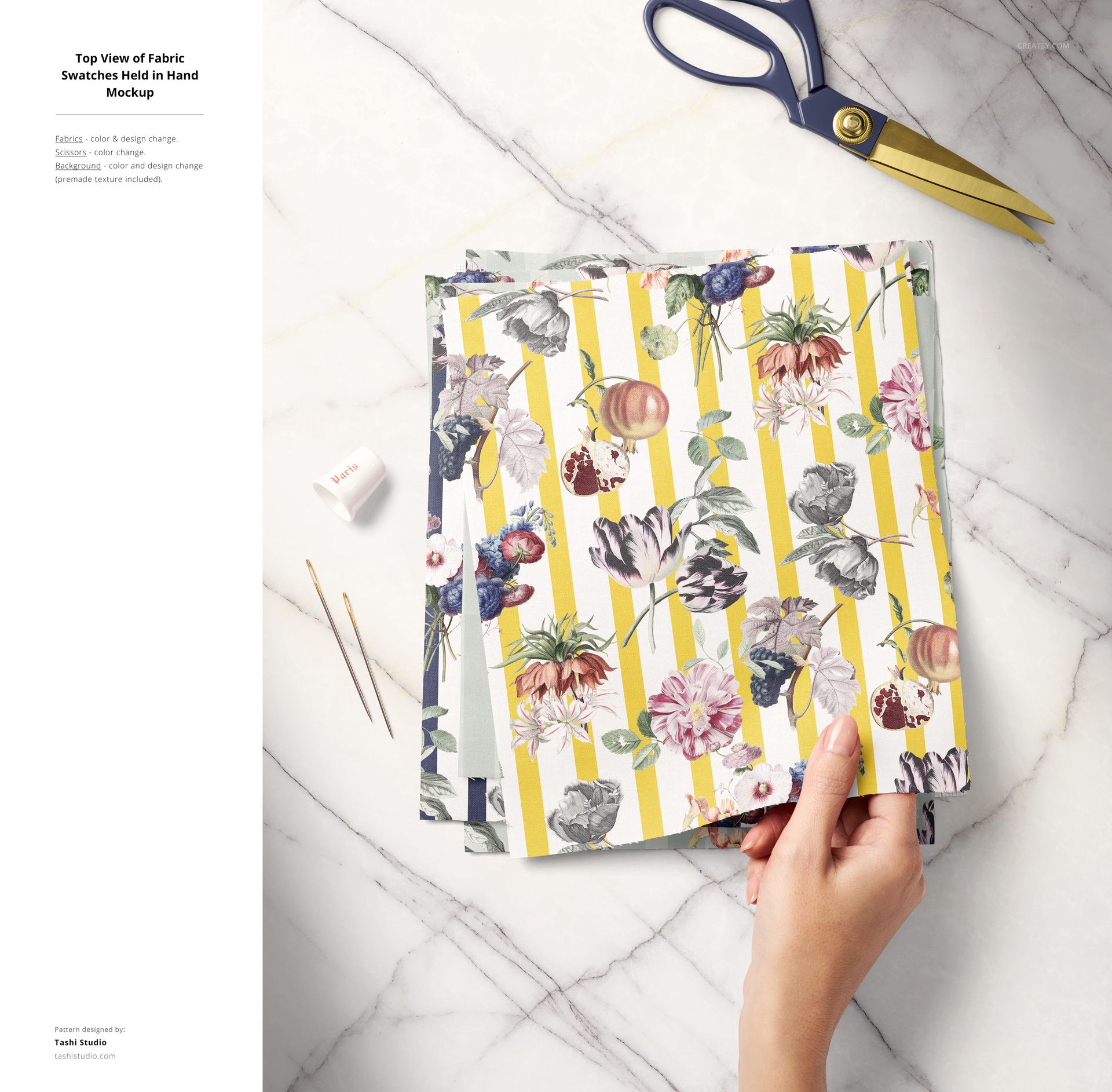 Cotton fabric mockup featuring layered swatches with colorful flowers and yellow stripes, hand holding top piece.