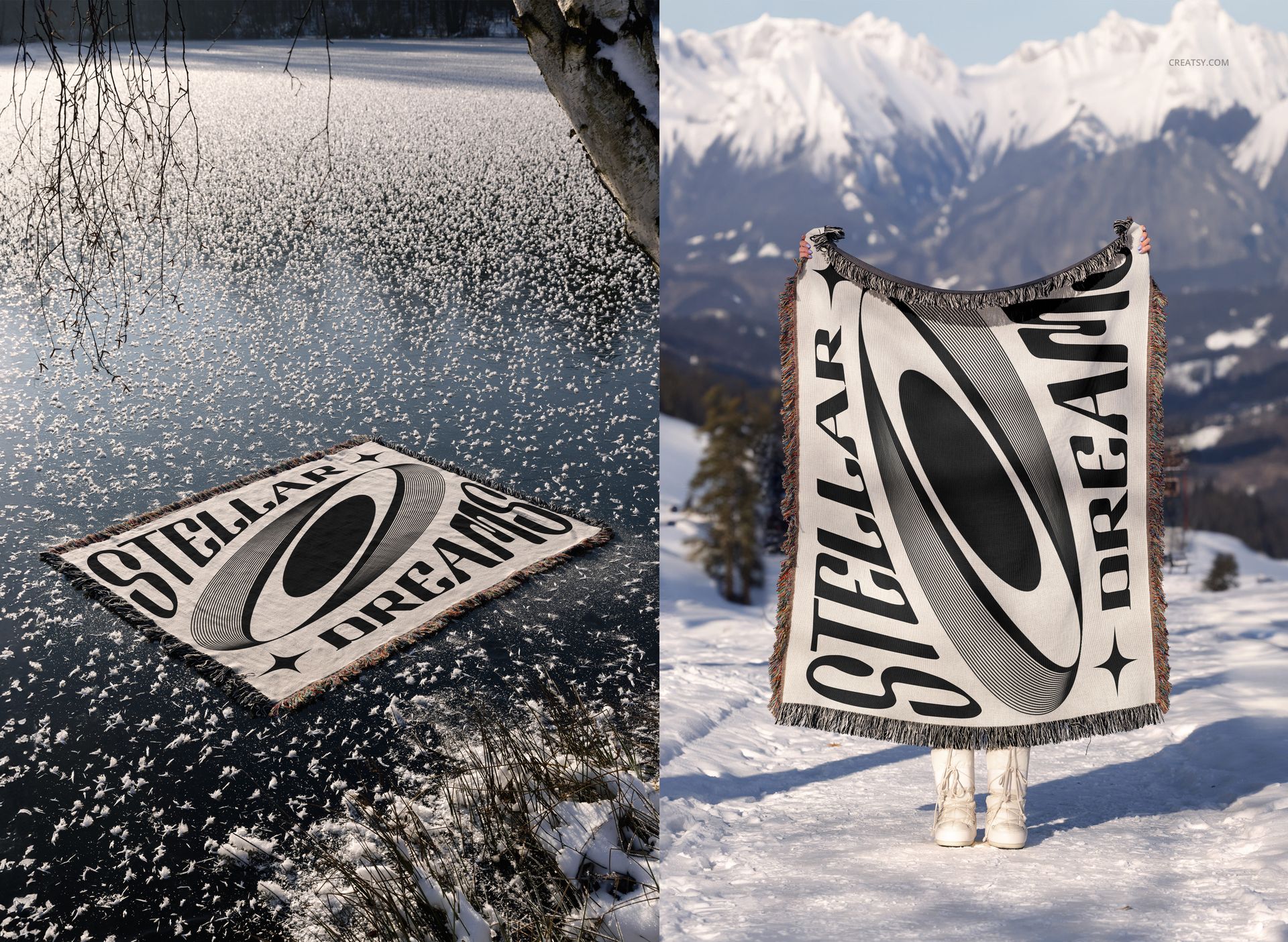 Mockup of a rectangular jacquard woven blanket with geometric design shown on snow and floating on a lake.