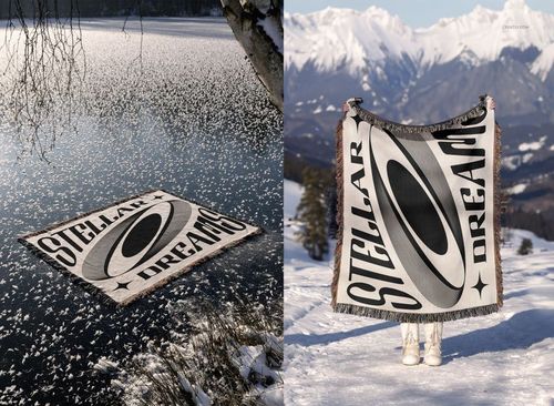 Mockup of a rectangular jacquard woven blanket with geometric design shown on snow and floating on a lake.