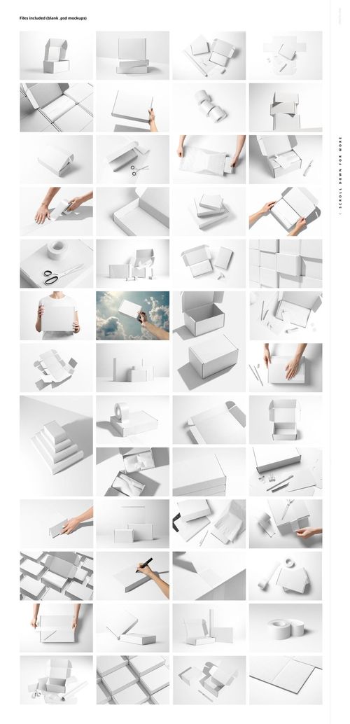 Collage of various white mailing box mockups displayed from different angles, showing open and closed boxes on a light background.