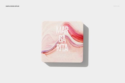 Single square coaster mockup featuring swirling pink and beige design, viewed from above on a plain surface.