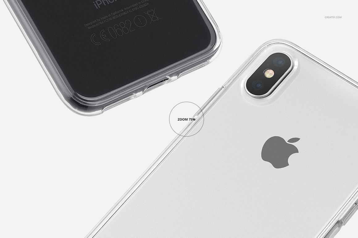 Clear iPhone X case mockup featuring a silver phone, shown from both back and angled top views on a white background.