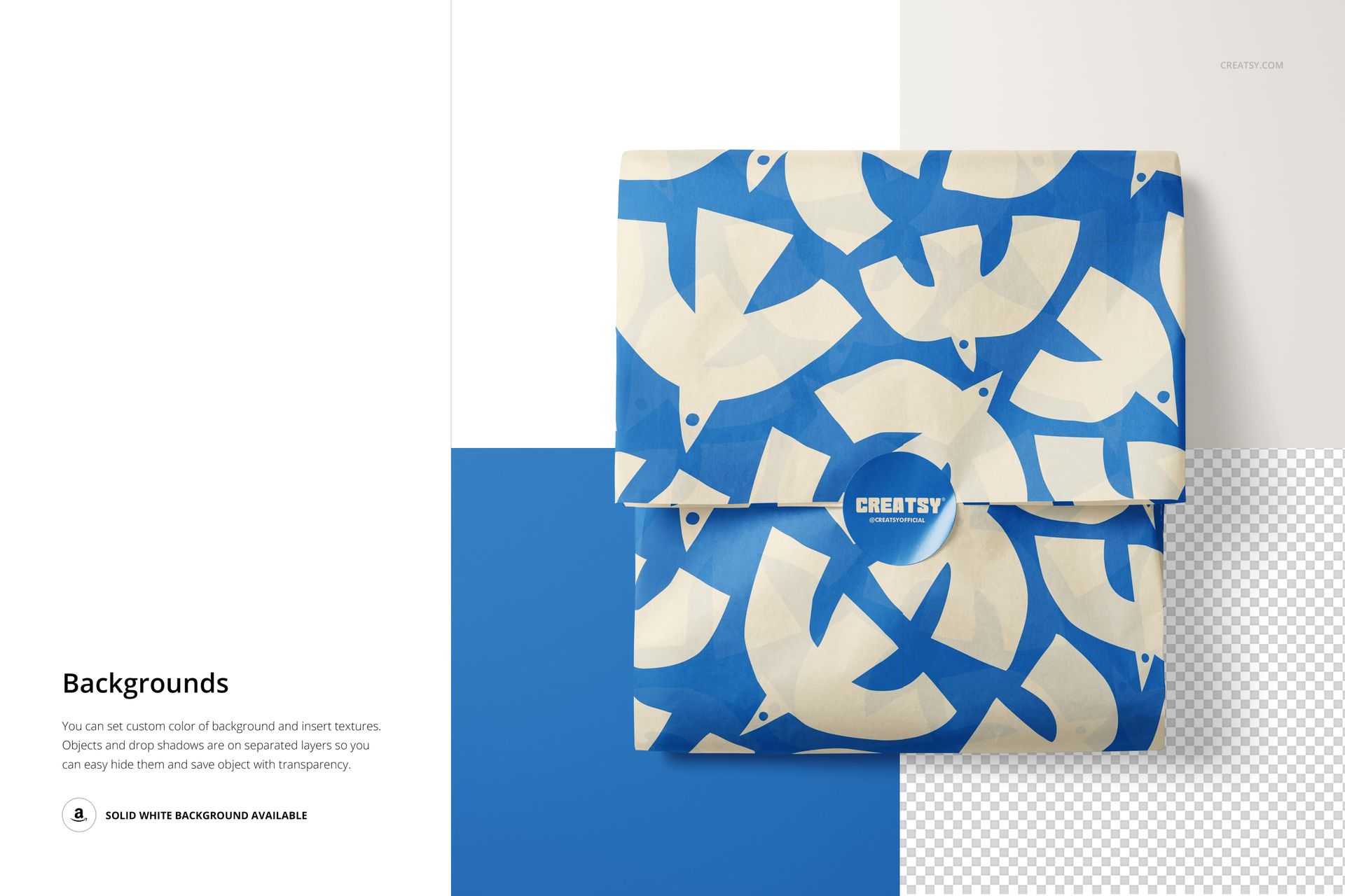 Wrapped tissue paper package mockup with blue and white geometric design, shown from above with a visible sticker seal.