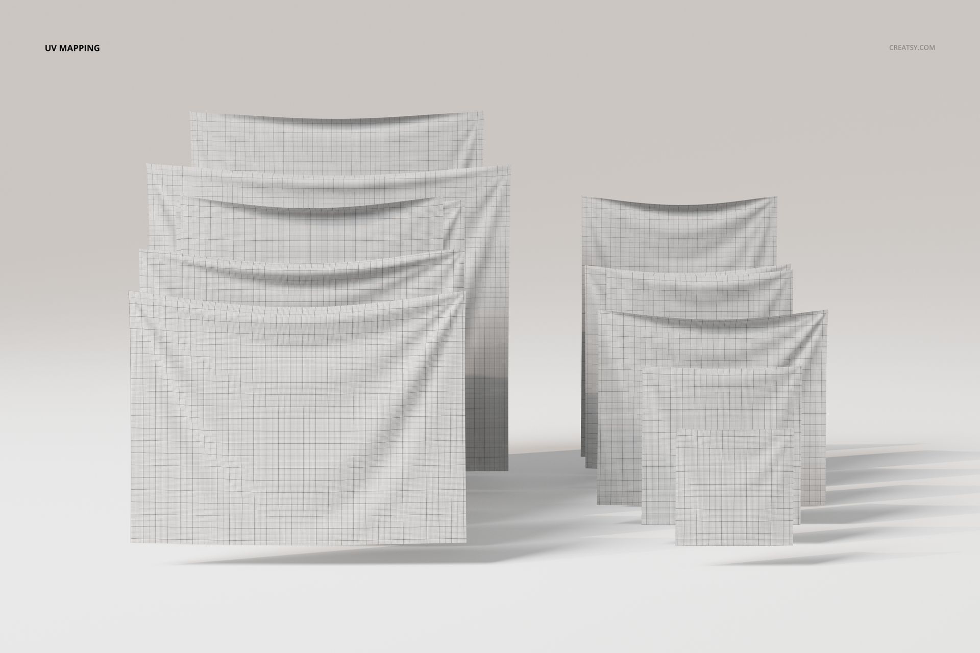 Front view of six wall tapestries in various sizes, each featuring a subtle gray grid pattern on a white background.