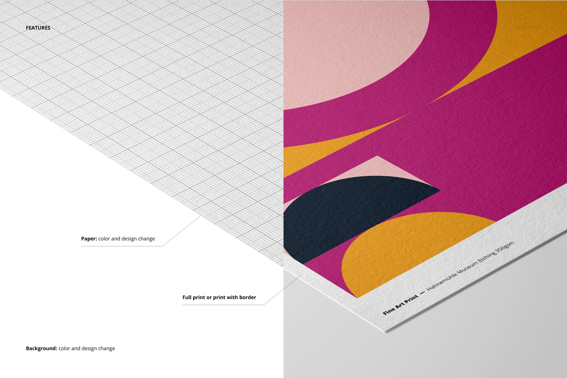 A3 fine art print mockup showing a geometric abstract design in pink, yellow, and black on textured paper.
