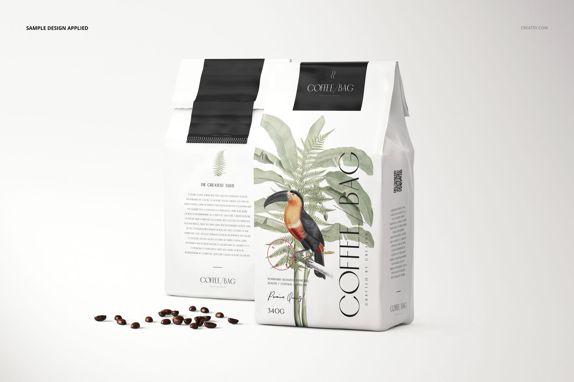 Paper coffee bag mockup featuring a tropical bird and leaf design, shown from both front and back on a light background.
