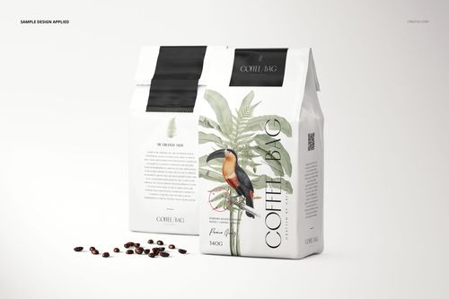 Paper coffee bag mockup featuring a tropical bird and leaf design, shown from both front and back on a light background.