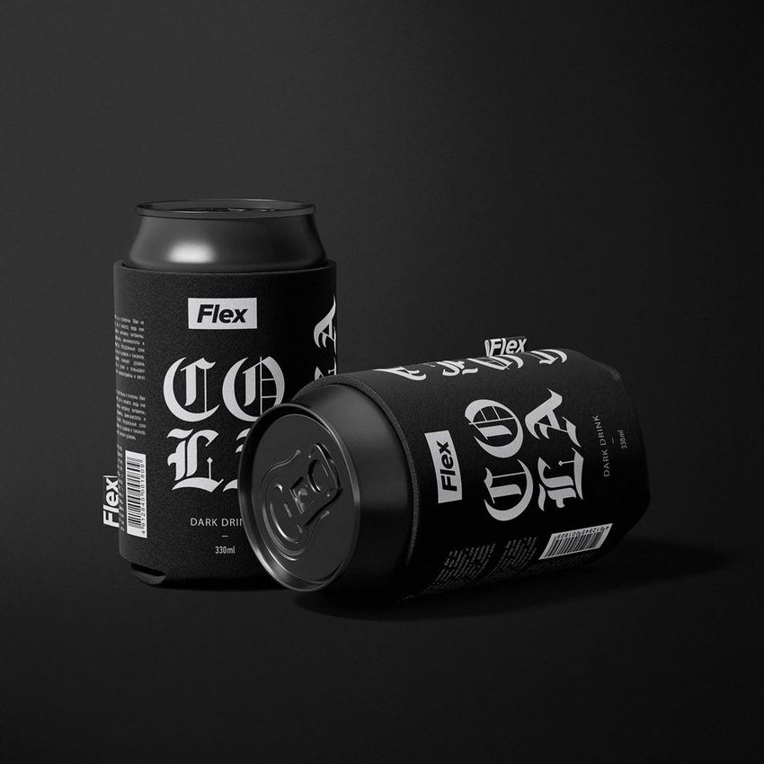 Neoprene can cooler mockup featuring two black cans, one upright and one lying down, both with bold white text and a dark background.