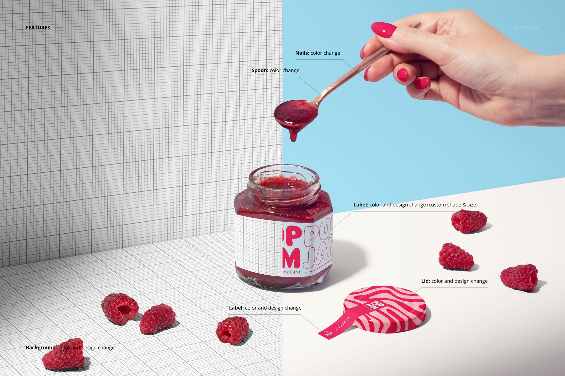 Front view of a raspberry jam jar mockup with customizable label, spoon, and scattered raspberries on a split background.