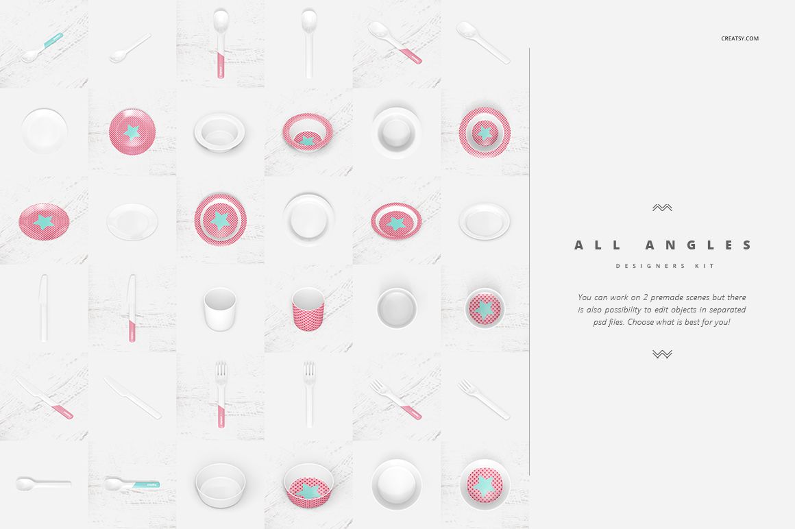 Set of melamine dinnerware mockups including plates, bowls, cups, and cutlery in pink and white, top view.