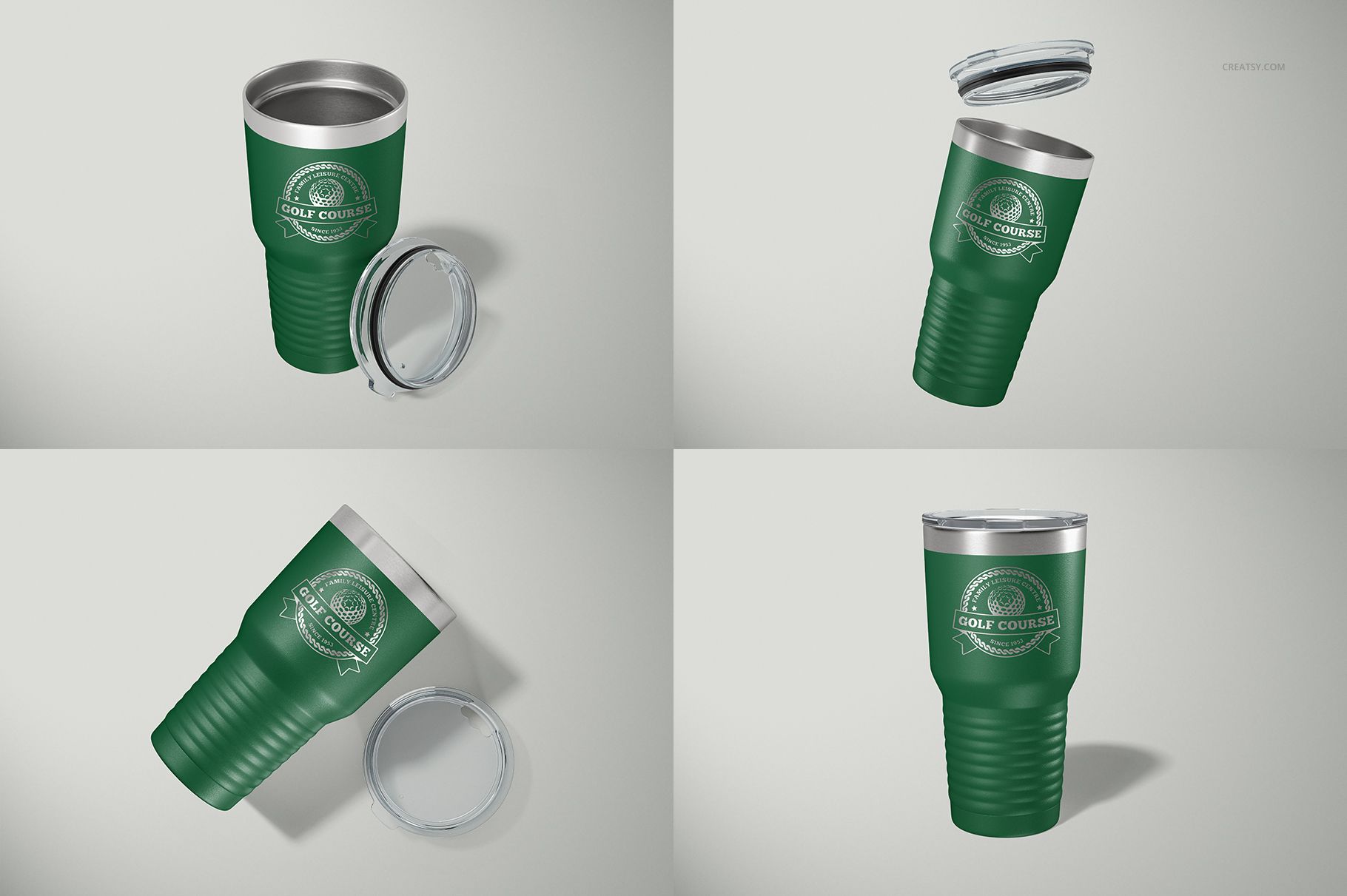 Mockup set displaying a green stainless steel ringneck tumbler with a clear lid and white emblem in various angles.