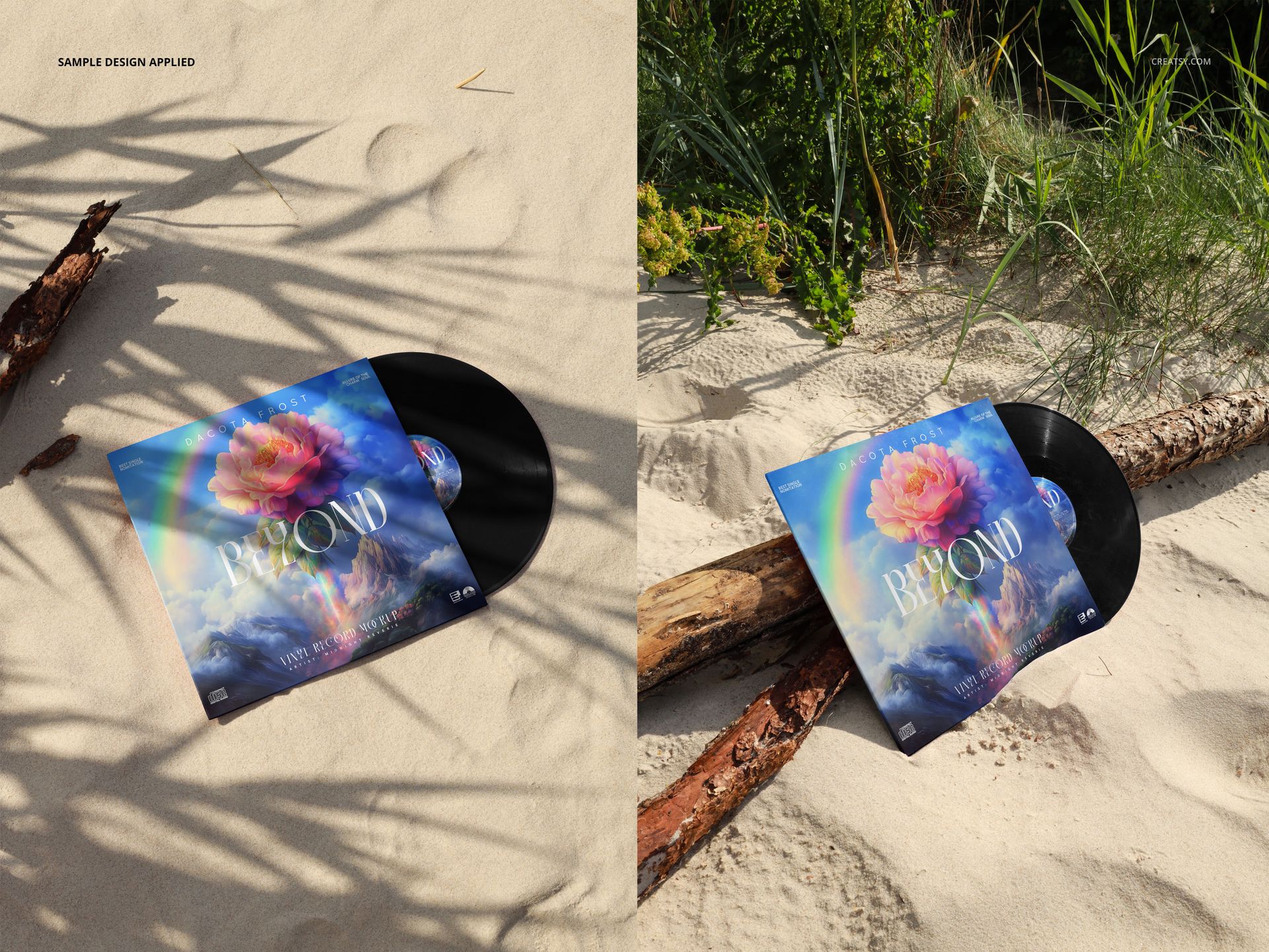 Mockup of a vinyl record and sleeve featuring vibrant design, set on sunlit sand with natural beach vegetation.