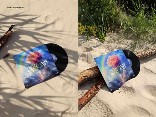 Mockup of a vinyl record and sleeve featuring vibrant design, set on sunlit sand with natural beach vegetation.