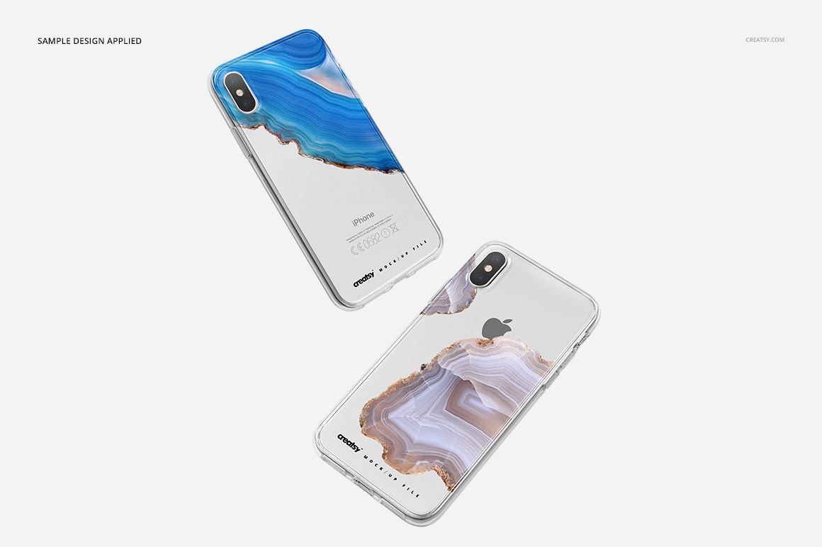 iPhone X clear case PSD mockup featuring silver devices with blue and beige mineral patterns, top and angled views.
