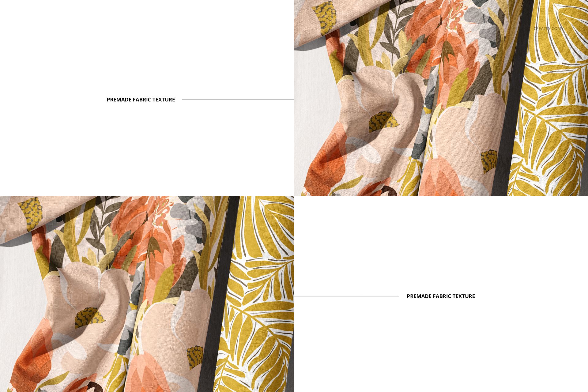 Fabric rolls mockup displaying vibrant floral and leaf designs in orange, beige, and yellow on a white surface.