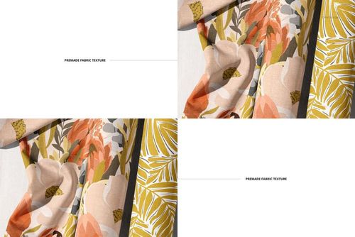 Fabric rolls mockup displaying vibrant floral and leaf designs in orange, beige, and yellow on a white surface.