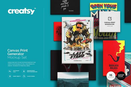 Multiple canvas prints displayed on a teal background, showcasing diverse designs and a central PSD mockup.