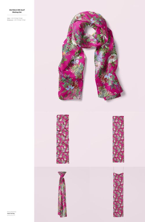 Fabric mockup featuring a long rectangular scarf with a vibrant pink background and tropical floral pattern, shown from above.