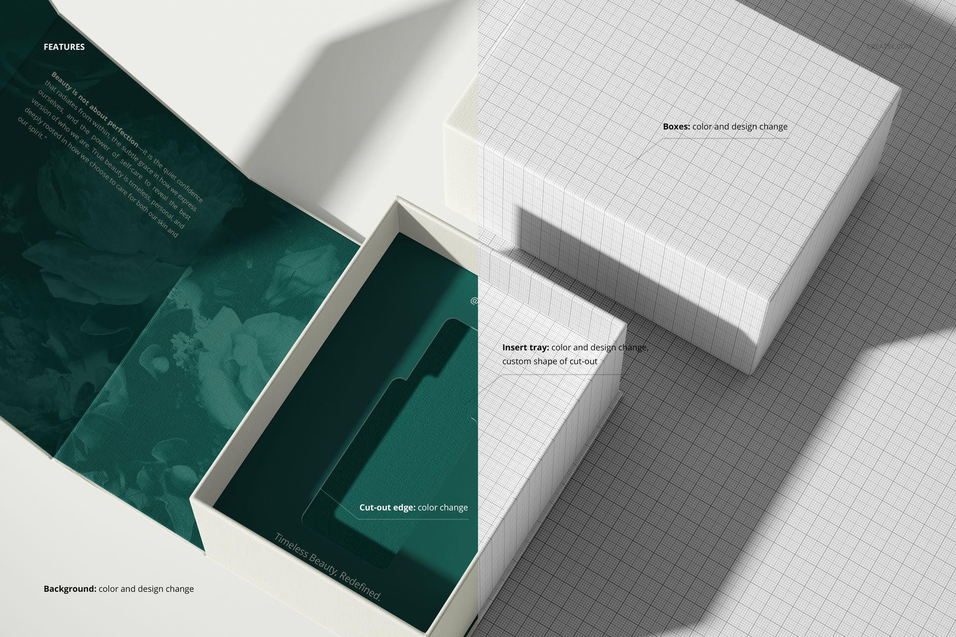 Premium box insert tray mockup displaying a green interior tray and white exterior, with grid design and shadowed lighting.
