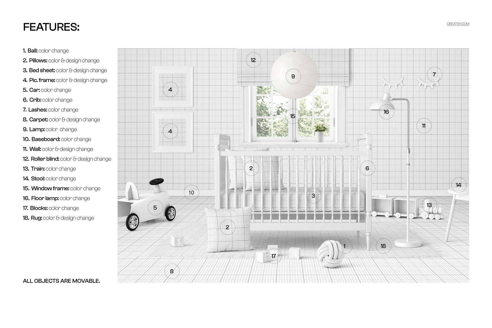 Vintage baby crib mockup in a minimalist nursery featuring white furniture, soft toys, and a large window.