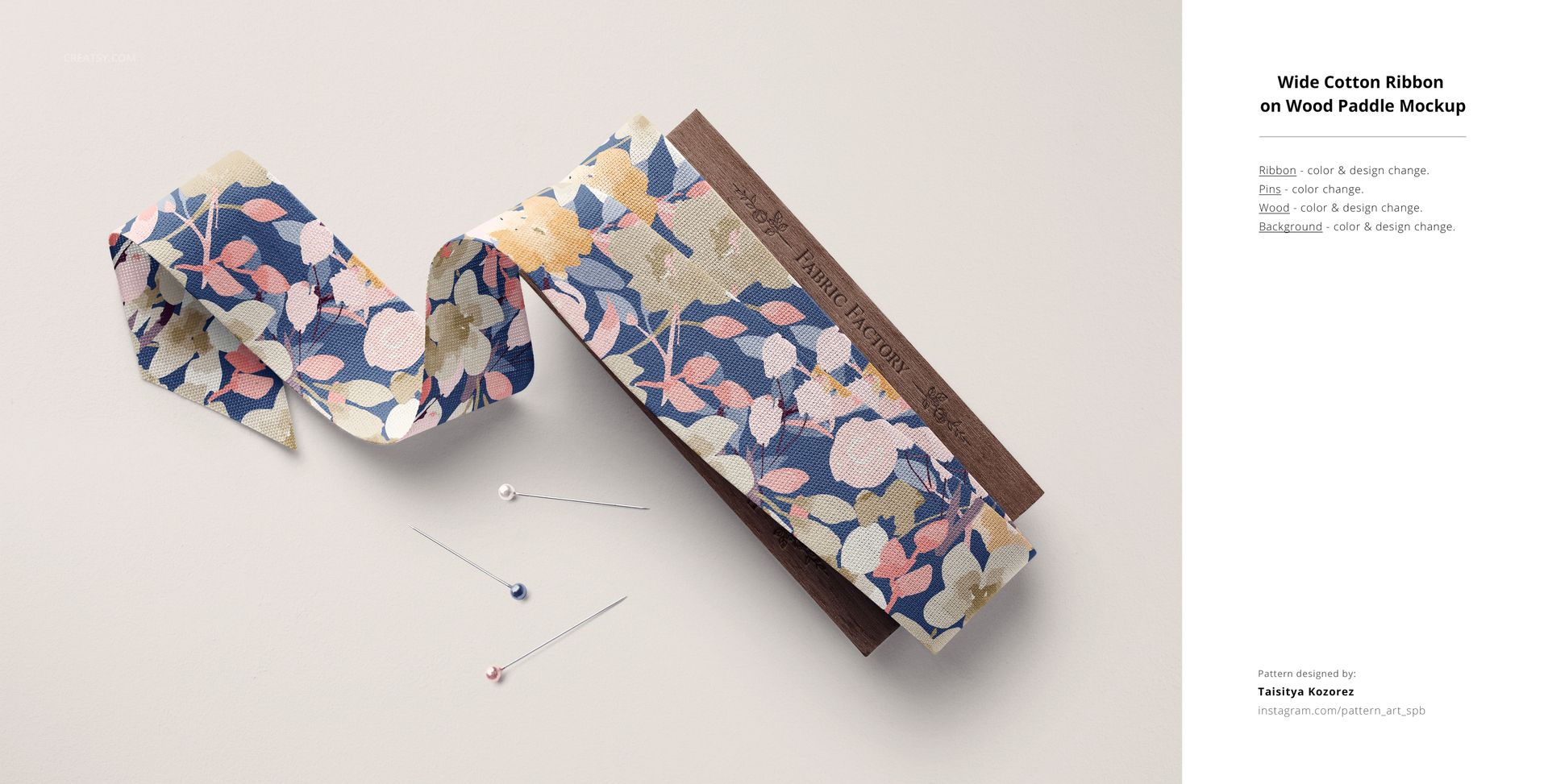 PSD mockup showing a patterned cotton ribbon on a wood paddle, with pins placed nearby on a light surface.