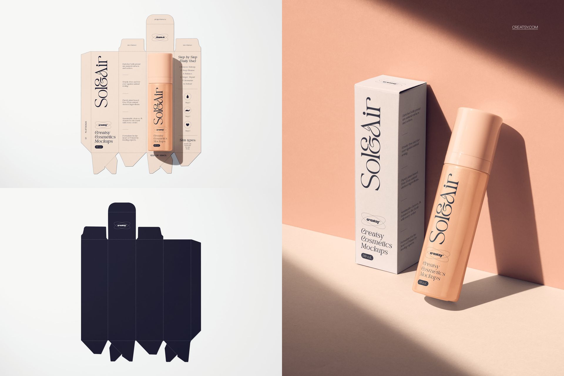 Cosmetics packaging mockup featuring a cream bottle and box in beige and white, shown from a front angle.