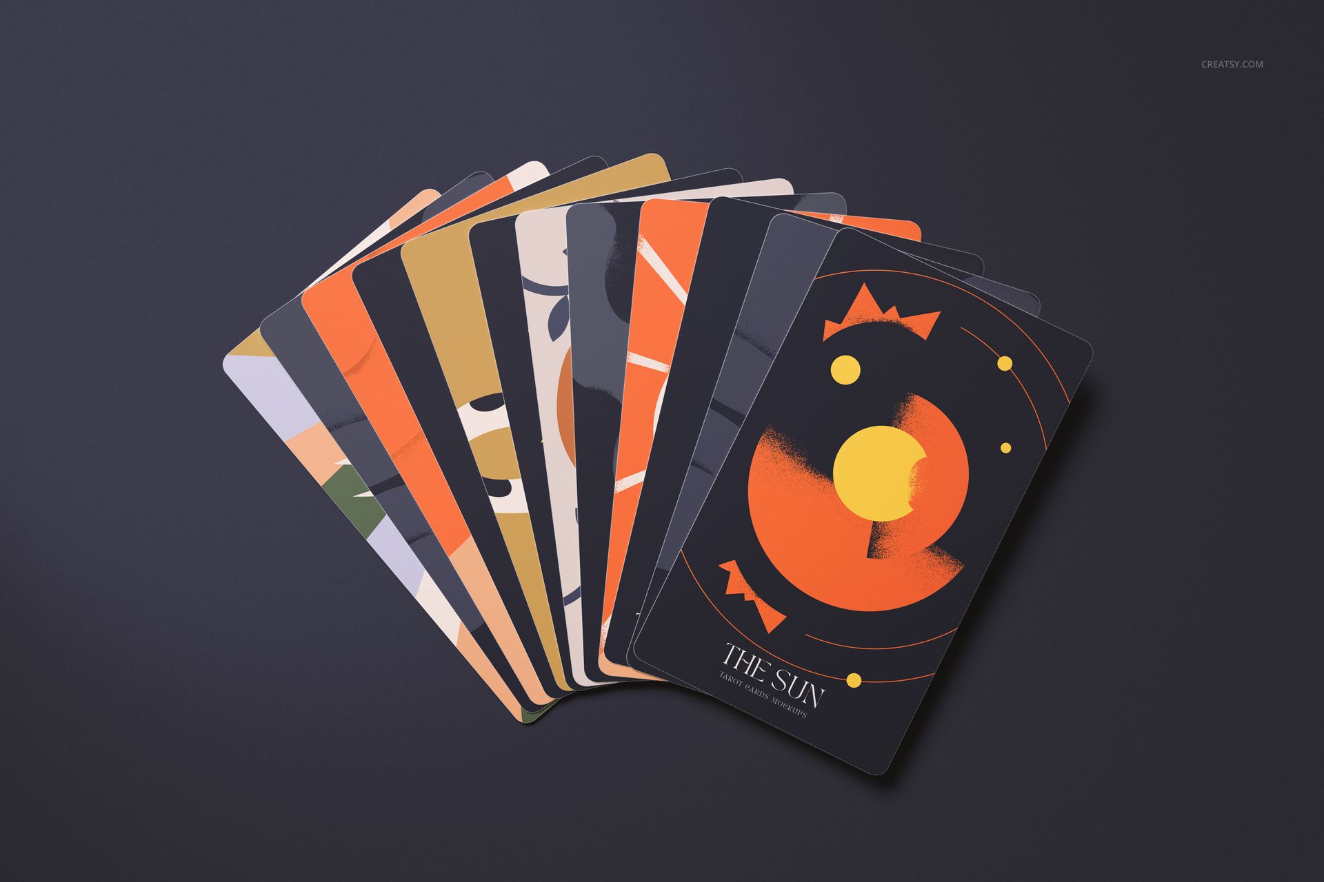 PSD mockup of tarot cards displayed in a semi-circle, highlighting unique illustrations and geometric shapes on each card.