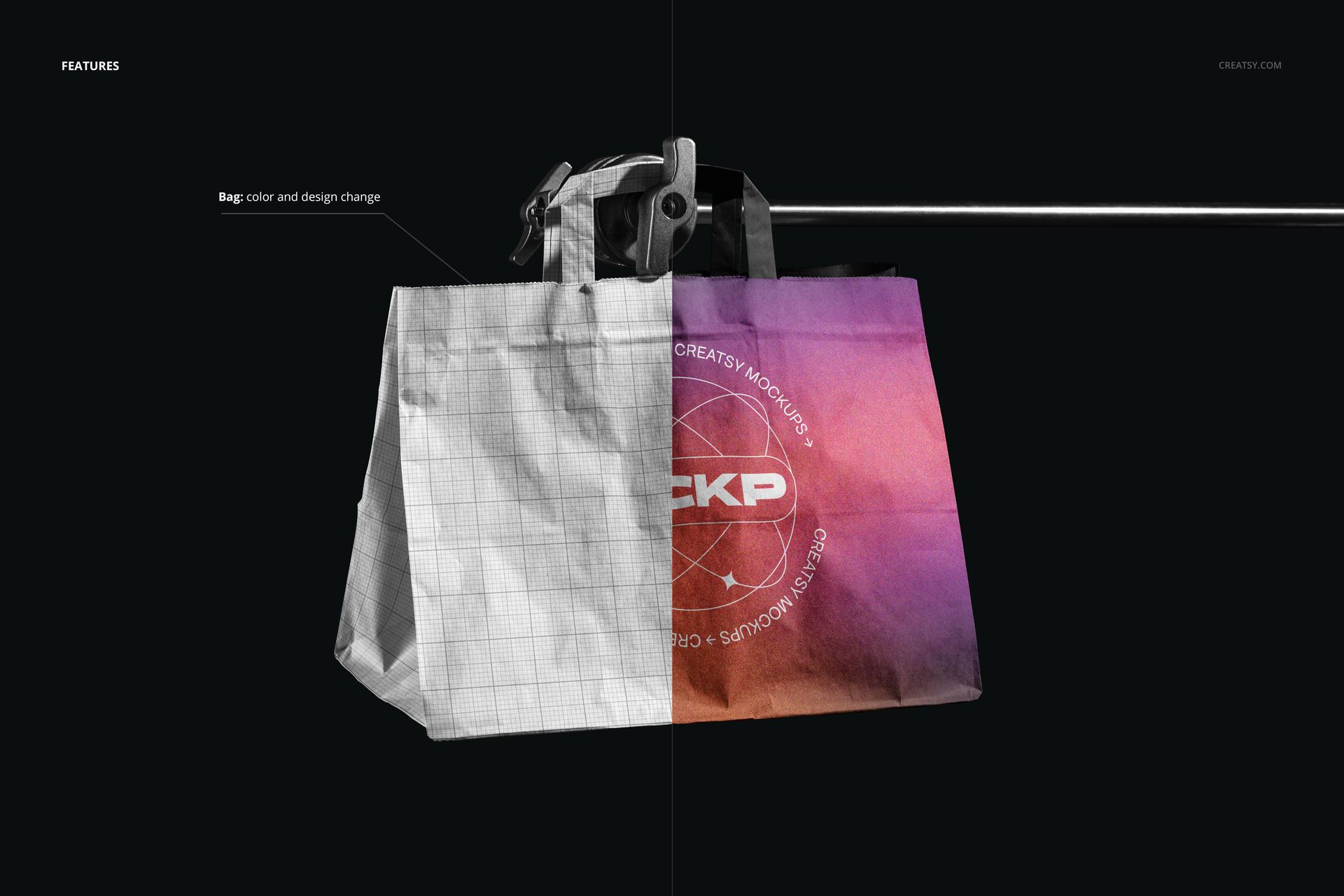 Flat handles paper bag mockup shown in a photo studio, with half in grid pattern and half in colorful gradient design.