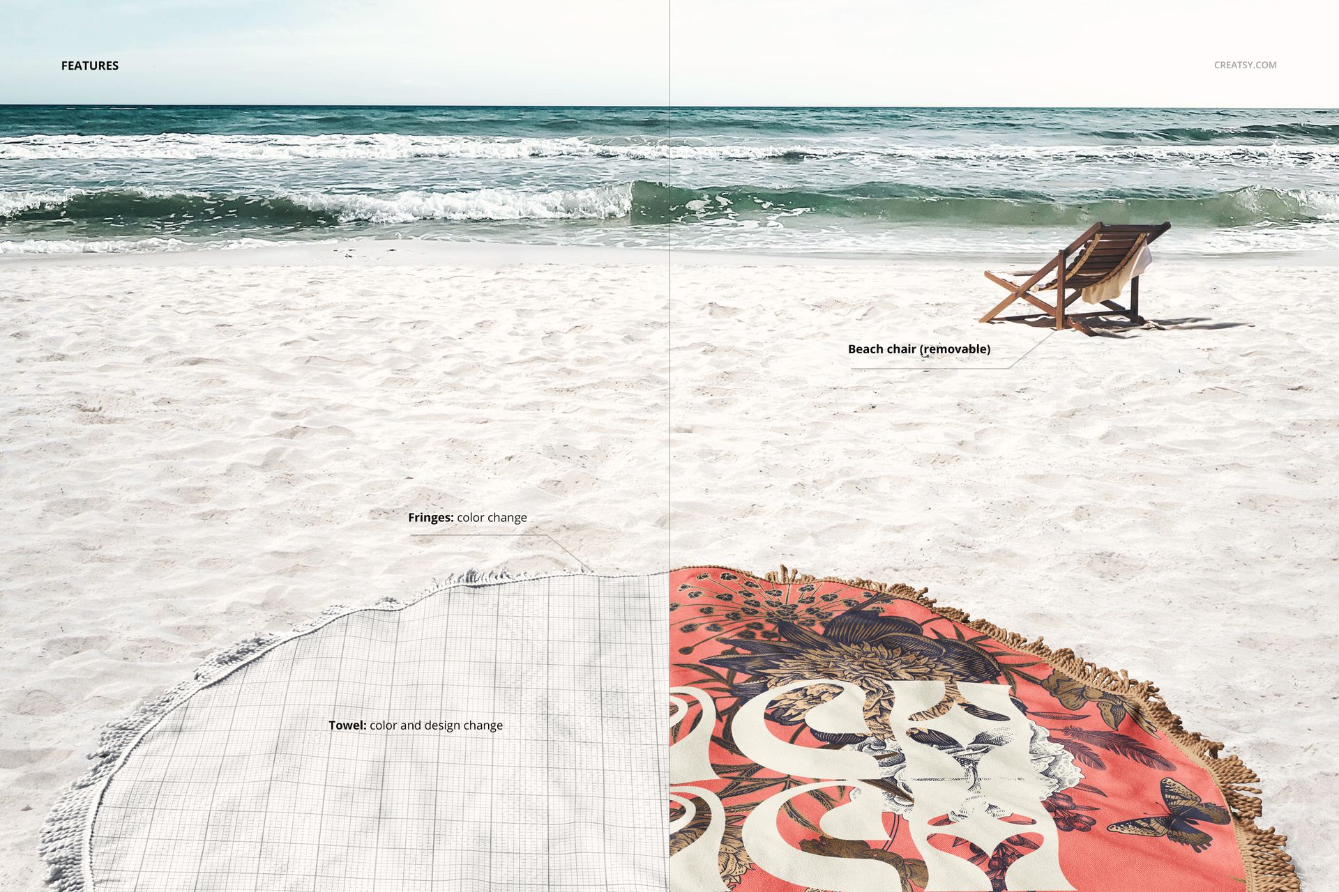 Mockup of a round fringed towel on a sandy beach, half showing a vibrant design and half with editable grid overlay.