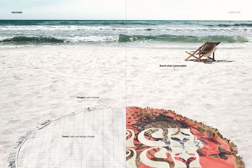 Mockup of a round fringed towel on a sandy beach, half showing a vibrant design and half with editable grid overlay.