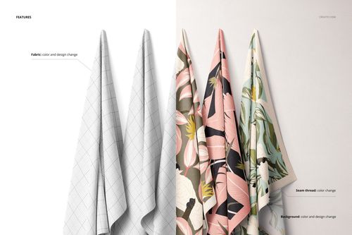 Hanging fabrics displayed side by side, featuring geometric and botanical prints, suitable for textile PSD mockup presentations.