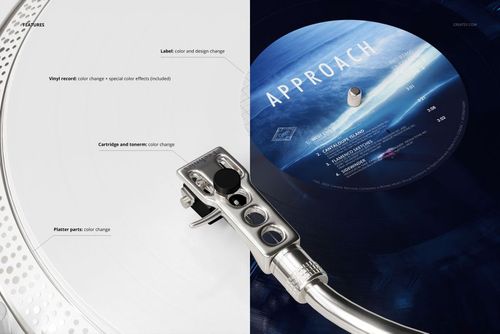 PSD mockup showing a vinyl record on a turntable, split to display different color and label customization features.