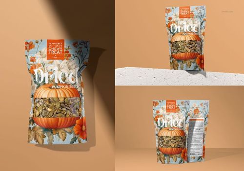 Pumpkin seeds paper pouch mockup with colorful floral design, displayed in both front and rear perspectives on a neutral background.